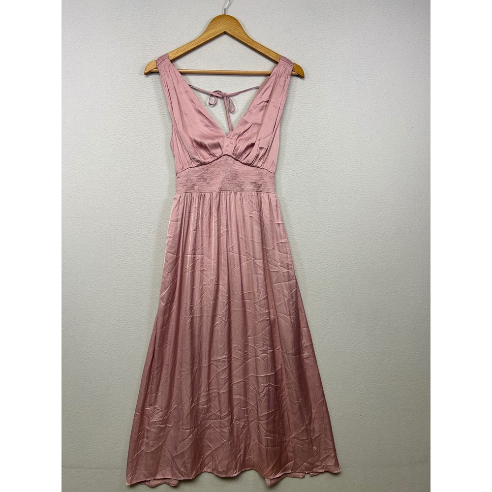 Boho Romantic Old Navy Womens Size S Pink Satin Smocked V-Neck Maxi Dress